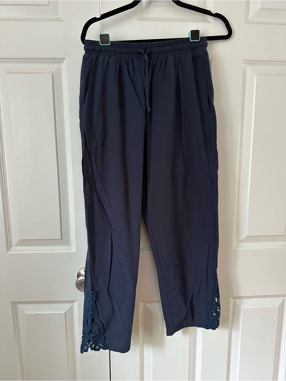 Navy Knit Pull-On Pants with Crochet Hem